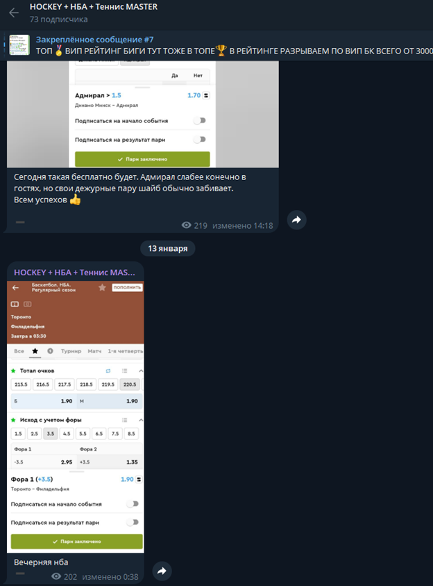 телеграмм HOCKEY + НБА + Теннис MASTER